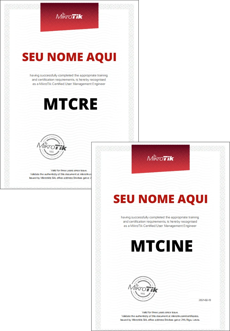 Certificados oficiais MTCRE e MTCINE MikroTik